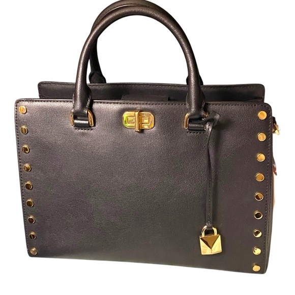 Michael Kors Gold Studded Saffiano Leather Kellen Satchel Bag. Black. Pristine - Picture 2 of 16